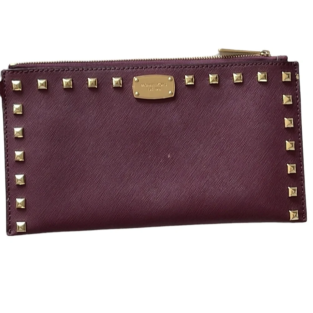 Michael Kors cherry Saffino Leather stud gold pyramid wristlet NWOT